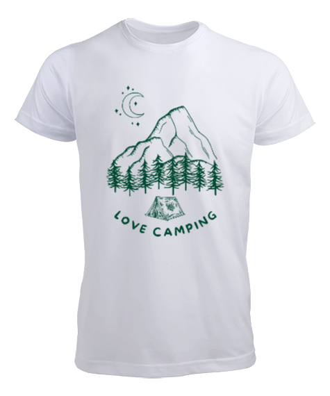 Tisho - Kamp Yapmayı Seviyorum, Ay ışığı, Orman ve Dağ Kapçı ve Dağcı Özel Tasarım Beyaz Erkek Tişört