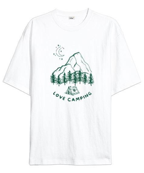 Tisho - Kamp Yapmayı Seviyorum, Ay ışığı, Orman ve Dağ Kapçı ve Dağcı Özel Tasarım Beyaz Oversize Unisex Tişört