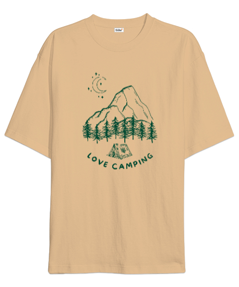 Tisho - Kamp Yapmayı Seviyorum, Ay ışığı, Orman ve Dağ Kapçı ve Dağcı Özel Tasarım Camel Oversize Unisex Tişört