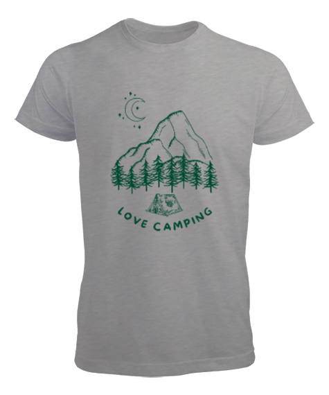 Tisho - Kamp Yapmayı Seviyorum, Ay ışığı, Orman ve Dağ Kapçı ve Dağcı Özel Tasarım Gri Erkek Tişört