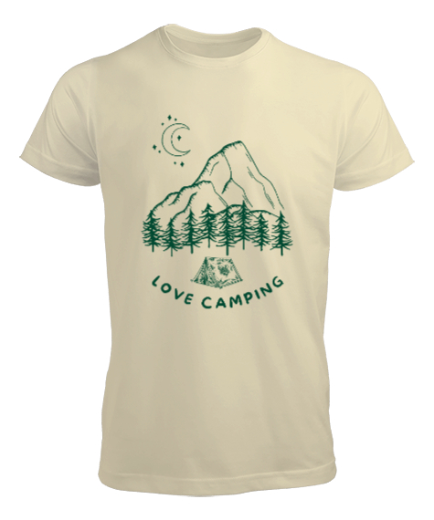 Tisho - Kamp Yapmayı Seviyorum, Ay ışığı, Orman ve Dağ Kapçı ve Dağcı Özel Tasarım Krem Erkek Tişört