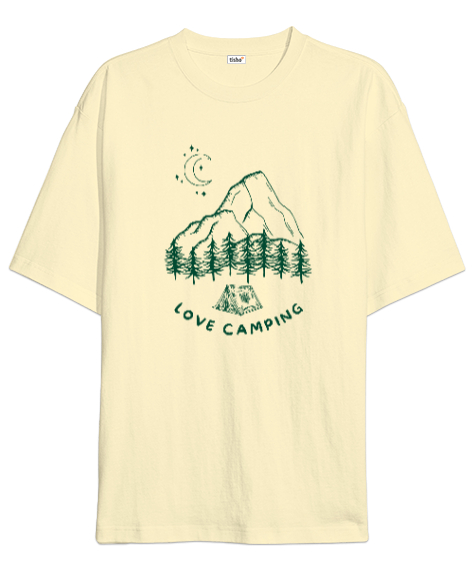 Tisho - Kamp Yapmayı Seviyorum, Ay ışığı, Orman ve Dağ Kapçı ve Dağcı Özel Tasarım Krem Oversize Unisex Tişört