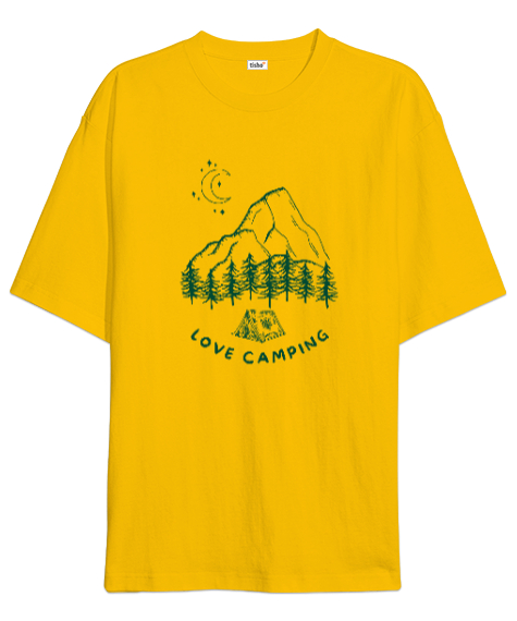 Tisho - Kamp Yapmayı Seviyorum, Ay ışığı, Orman ve Dağ Kapçı ve Dağcı Özel Tasarım Sarı Oversize Unisex Tişört