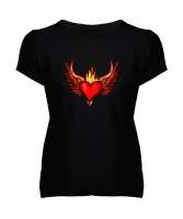 kanatlı kalp Siyah Kadın V Yaka Tişört - Tisho