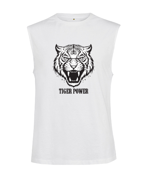Tisho - Kaplan Gücü Fitness Motivasyon Beyaz Kesik Kol Unisex Tişört