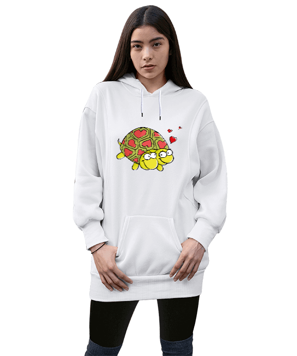 kaplumbağa fil kalp sevgili özel tasarımlı Kadın Uzun Hoodie Kapüşonlu Sweatshirt