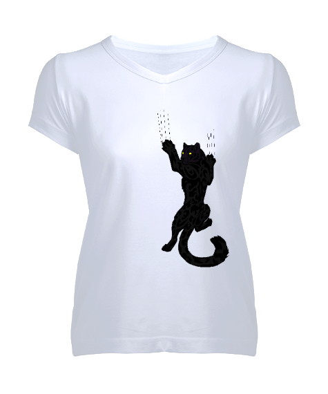 Tisho - kara kedi Beyaz Kadın V Yaka Tişört