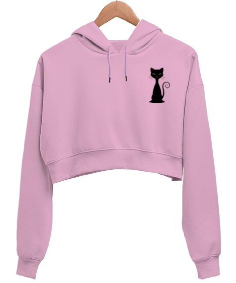 Tisho - Kara kedi Kadın Crop Hoodie Kapüşonlu Sweatshirt