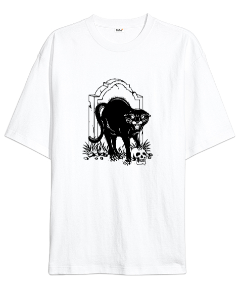 Tisho - Kara Kedi ve Kafatası - Skull Beyaz Oversize Unisex Tişört