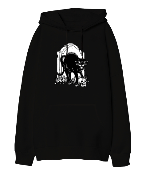 Tisho - Kara Kedi ve Kafatası - Skull Siyah Oversize Unisex Kapüşonlu Sweatshirt