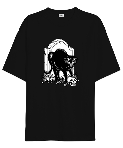 Tisho - Kara Kedi ve Kafatası - Skull Siyah Oversize Unisex Tişört