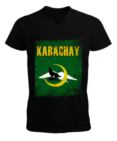 Tisho - Karaçay Bayrağı, Karaçay logosu. Siyah Erkek Kısa Kol V Yaka Tişört
