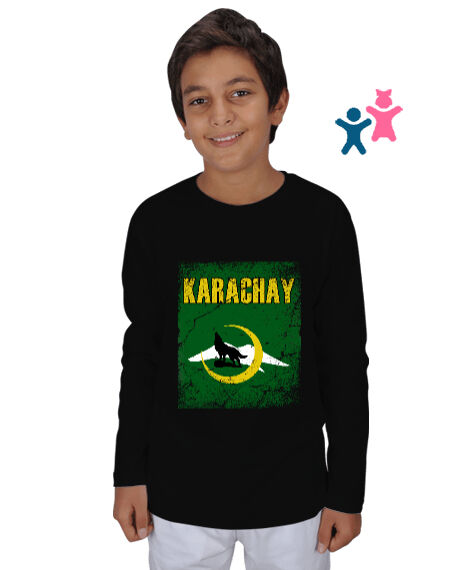 Tisho - Karaçay,Karaçay Bayrağı, Karaçay logosu. Siyah Çocuk Unisex Uzunkollu