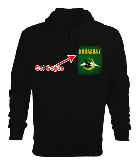 Tisho - Karaçay,Karaçay Bayrağı, Karaçay logosu. Siyah Erkek Kapşonlu Fermuarlı