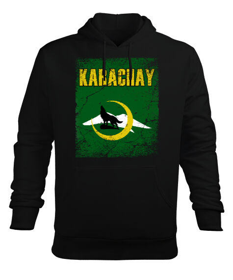 Tisho - Karaçay,Karaçay Bayrağı, Karaçay logosu. Siyah Erkek Kapüşonlu Hoodie Sweatshirt