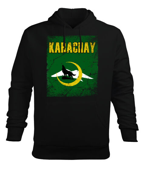 Karaçay,Karaçay Bayrağı, Karaçay logosu. Siyah Erkek Kapüşonlu Hoodie Sweatshirt - Tisho