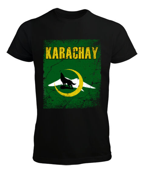 Tisho - Karaçay,Karaçay Bayrağı, Karaçay logosu. Siyah Erkek Tişört