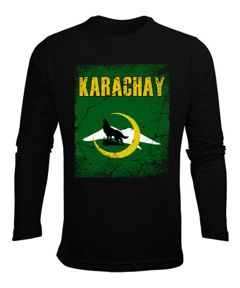 Tisho - Karaçay,Karaçay Bayrağı, Karaçay logosu. Siyah Erkek Uzun Kol Yazlık Tişört