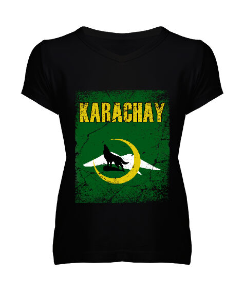 Tisho - Karaçay,Karaçay Bayrağı, Karaçay logosu. Siyah Kadın V Yaka Tişört