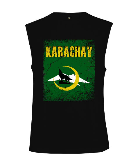 Tisho - Karaçay,Karaçay Bayrağı, Karaçay logosu. Siyah Kesik Kol Unisex Tişört