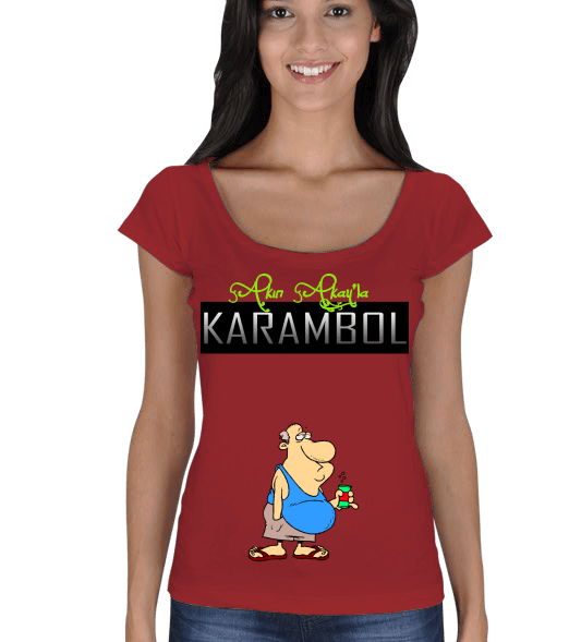 Karambol Kırmızı Bayan T-shirt Kadın Açık Yaka