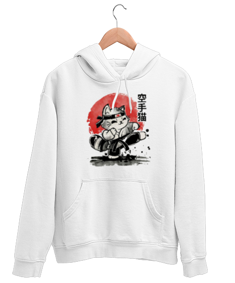 Tisho - Karate Cat Beyaz Unisex Kapşonlu Sweatshirt