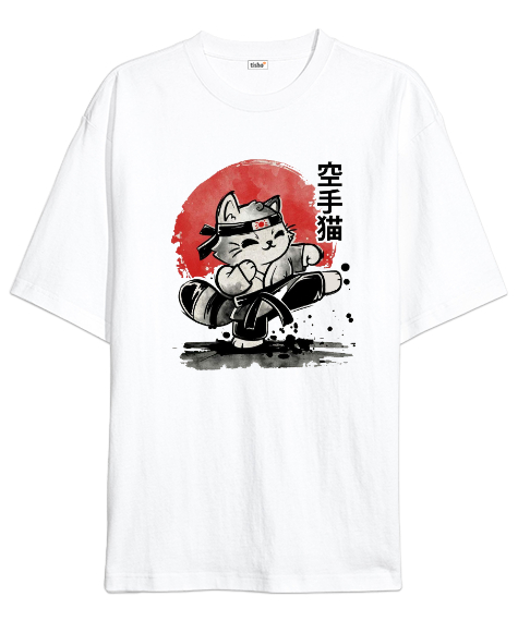 Tisho - Karate Cat x Beyaz Oversize Unisex Tişört