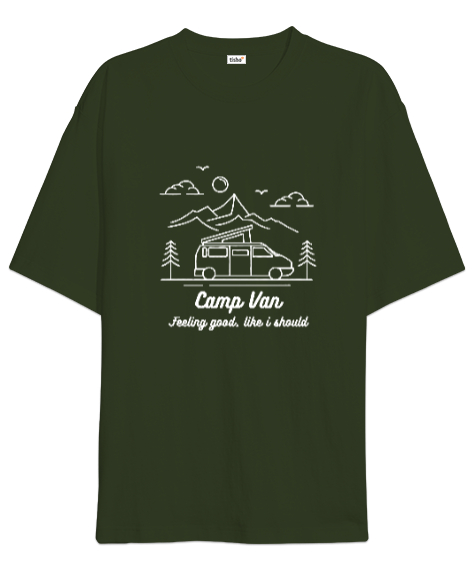 Tisho - Karavan Sevdalıları Özel Tasarım Bulutlar Haki Yeşili Oversize Unisex Tişört