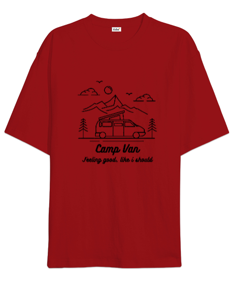 Tisho - Karavan ve Kamp Sevdalıları Özel Tasarım Kırmızı Oversize Unisex Tişört