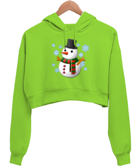 Tisho - Kardan adamlı Fıstık Yeşili Kadın Crop Hoodie Kapüşonlu Sweatshirt