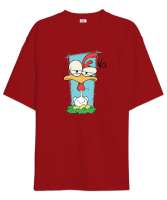 Karikatür Sevimli Tavuk ve Yumurtalar - Chicken Kırmızı Oversize Unisex Tişört - Tisho