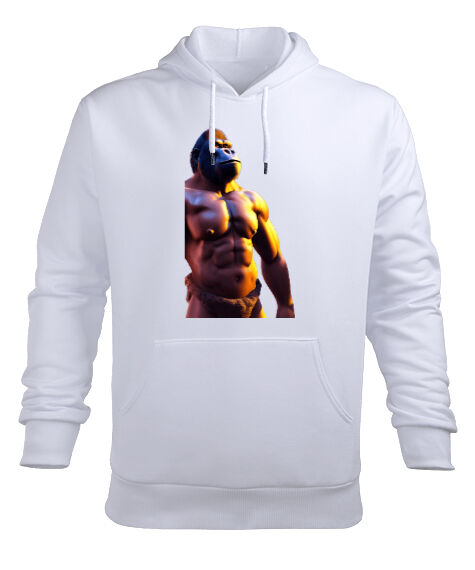 Tisho - Karın Kaslı Fit Güçlü Yabani Orangutan Beyaz Erkek Kapüşonlu Hoodie Sweatshirt