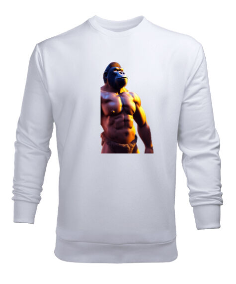 Tisho - Karın Kaslı Fit Güçlü Yabani Orangutan Beyaz Erkek Sweatshirt