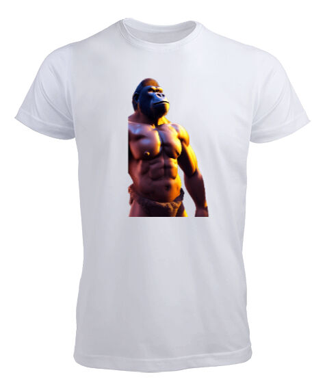 Tisho - Karın Kaslı Fit Güçlü Yabani Orangutan Beyaz Erkek Tişört
