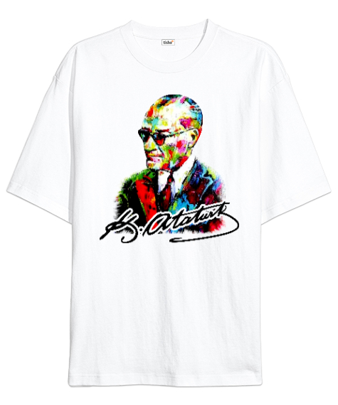 Tisho - Karizma Gözlüklü Gazi Mustafa Kemal Atatürk Portresi Baskılı Beyaz Oversize Unisex Tişört