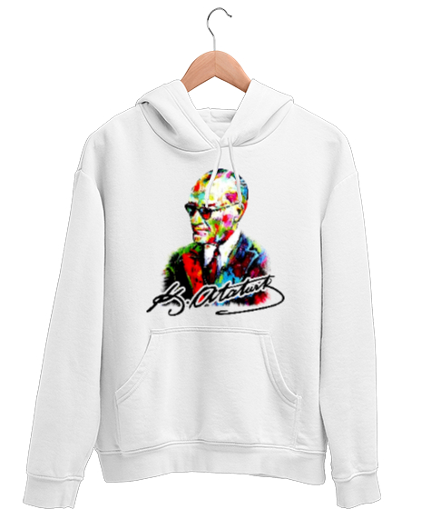 Tisho - Karizma Gözlüklü Gazi Mustafa Kemal Atatürk Portresi Baskılı Beyaz Unisex Kapşonlu Sweatshirt