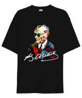 Karizma Gözlüklü Gazi Mustafa Kemal Atatürk Portresi Baskılı Siyah Oversize Unisex Tişört - Tisho