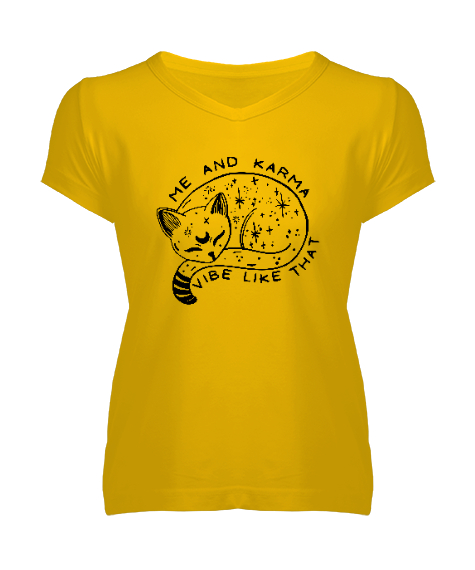 Tisho - Karma Is A Cat - Me And Karma Sarı Kadın V Yaka Tişört