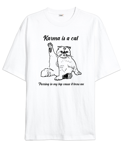 Tisho - Karma Is A Cat Purring Taylor Swift V2 Beyaz Oversize Unisex Tişört