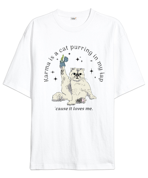 Tisho - Karma is a cat Taylor Swift Midnights Beyaz Oversize Unisex Tişört