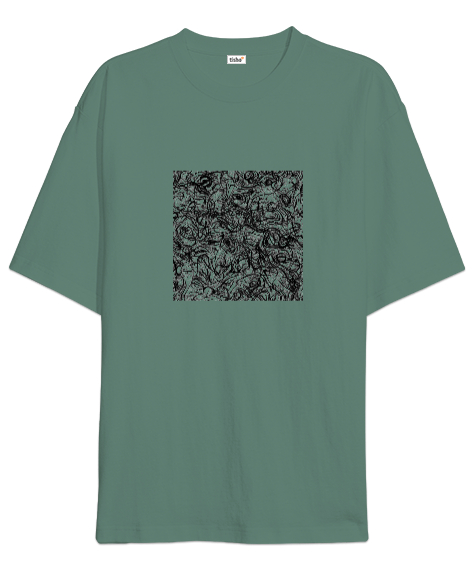Tisho - karmaşık çizgiler görselli Çağla Yeşili Oversize Unisex Tişört