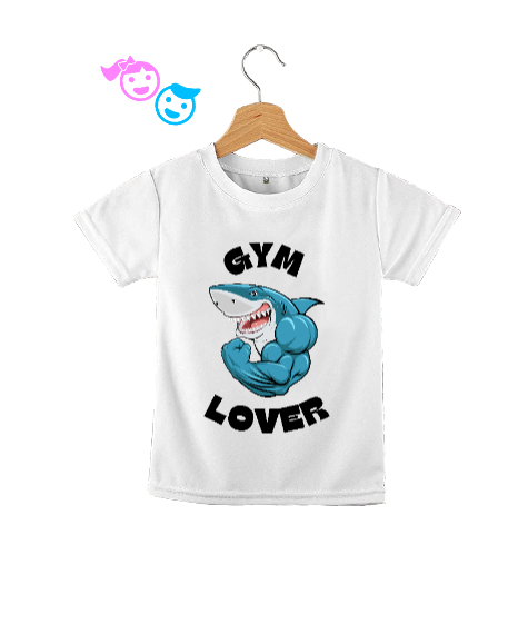 Tisho - Kaslı Komik Gülen Fitness Köpekbalığı GYM Lover Gym Aşığı Özel Tasarım Beyaz Çocuk Unisex