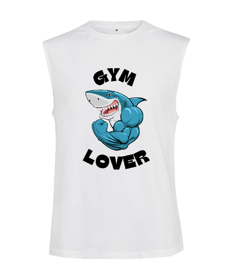 Tisho - Kaslı Komik Gülen Fitness Köpekbalığı GYM Lover Gym Aşığı Özel Tasarım Beyaz Kesik Kol Unisex Tişört