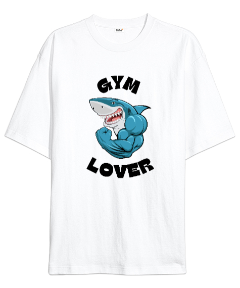 Tisho - Kaslı Komik Gülen Fitness Köpekbalığı GYM Lover Gym Aşığı Özel Tasarım Beyaz Oversize Unisex Tişört