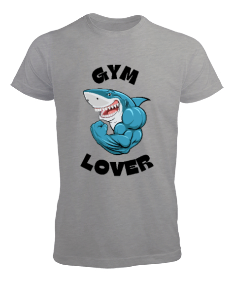 Tisho - Kaslı Komik Gülen Fitness Köpekbalığı GYM Lover Gym Aşığı Özel Tasarım Gri Erkek Tişört