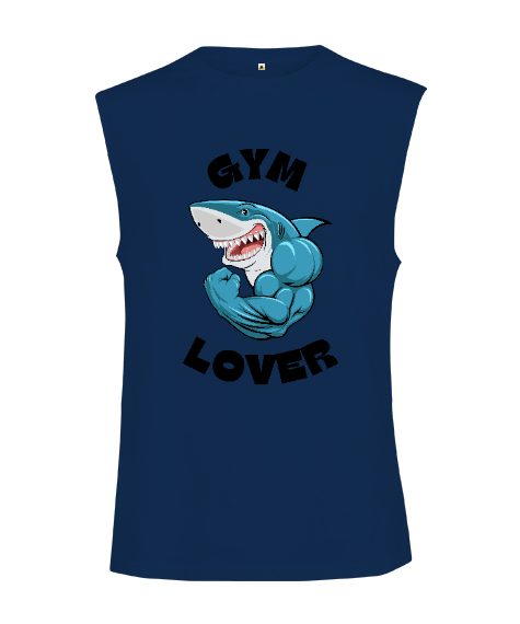 Kaslı Komik Gülen Fitness Köpekbalığı GYM Lover Gym Aşığı Özel Tasarım Lacivert Kesik Kol Unisex Tişört