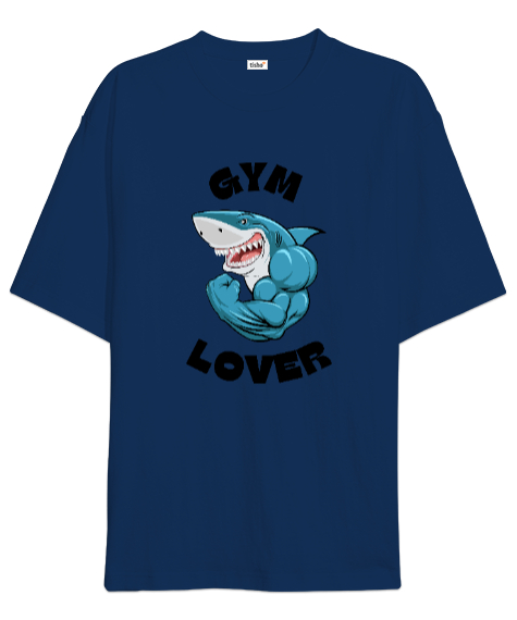 Tisho - Kaslı Komik Gülen Fitness Köpekbalığı GYM Lover Gym Aşığı Özel Tasarım Lacivert Oversize Unisex Tişört