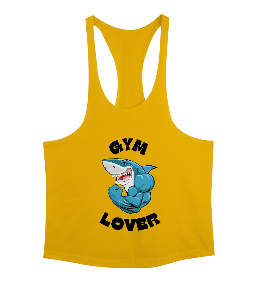 Tisho - Kaslı Komik Gülen Fitness Köpekbalığı GYM Lover Gym Aşığı Özel Tasarım Sarı Erkek Tank Top Atlet