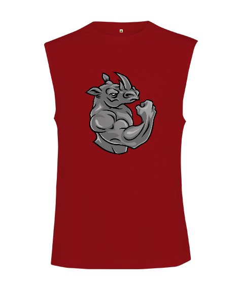 Tisho - Kaslı Sporcu Fitness Güçlü Gergedan Kırmızı Kesik Kol Unisex Tişört