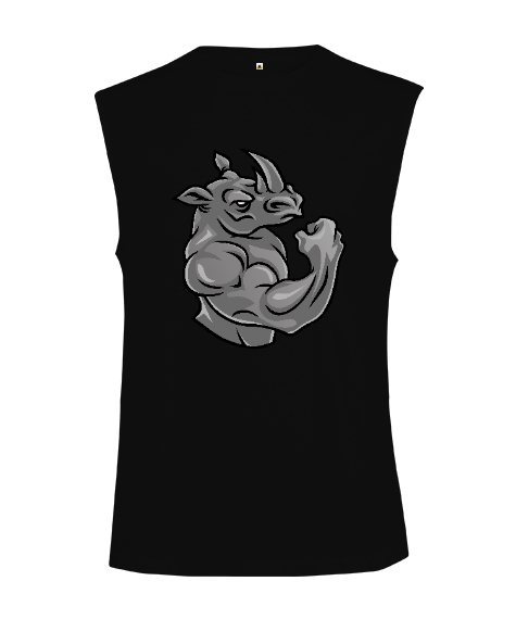 Tisho - Kaslı Sporcu Fitness Güçlü Gergedan Siyah Kesik Kol Unisex Tişört